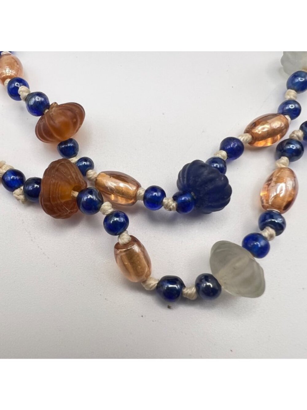 Vintage Hand Knotted Glass Bead Necklace 36" Cobalt Blue Amber Frosted White - Picture 5 of 8